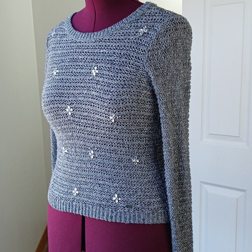 Hollister Grey Sparkle Knit Sweater Medium repaired bejeweled silver lightweight